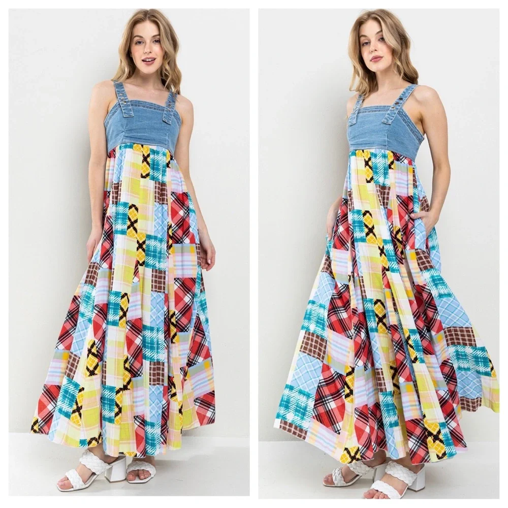 24 Fabulous Denim Multi Fabric Pleated Suspender Maxi Dress - Picture 2 of 5